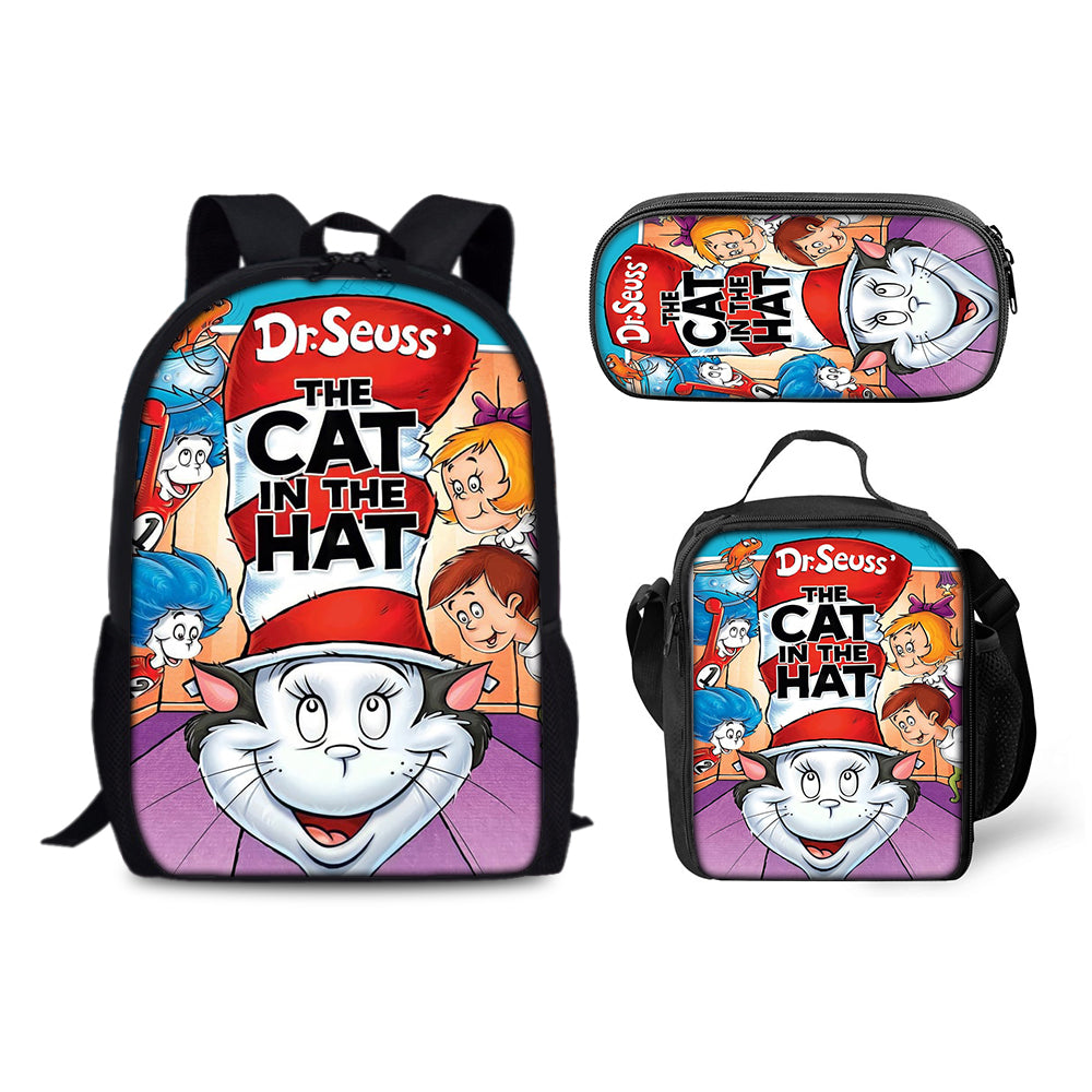 The Cat in the Hat Schoolbag Backpack Lunch Bag Pencil Case 3pcs Set Gift for Kids Students