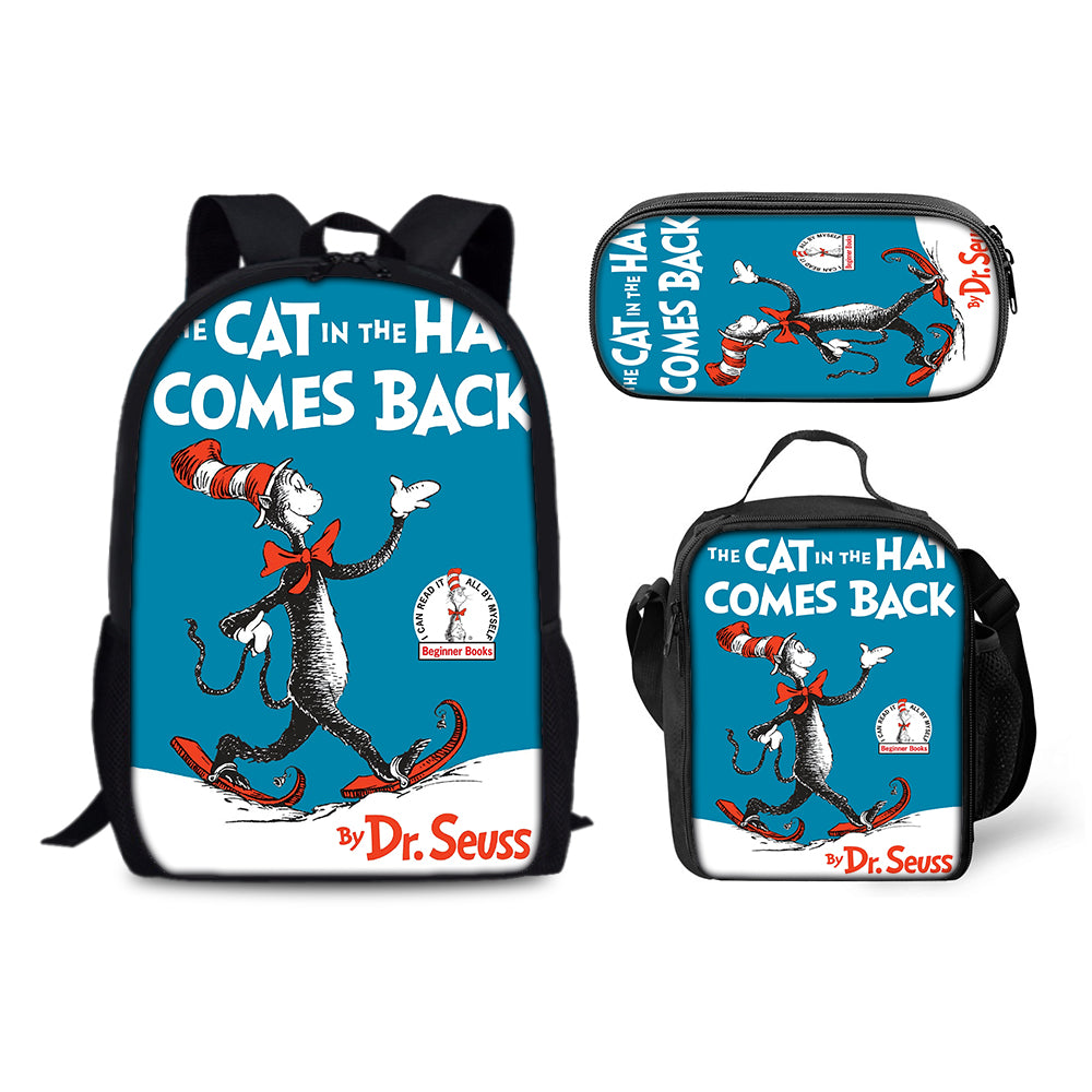 The Cat in the Hat Schoolbag Backpack Lunch Bag Pencil Case 3pcs Set Gift for Kids Students