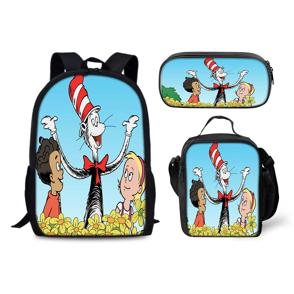 The Cat in the Hat Schoolbag Backpack Lunch Bag Pencil Case 3pcs Set Gift for Kids Students