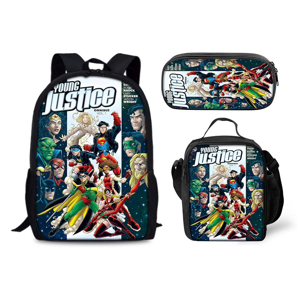 Young Justice Invasion Schoolbag Backpack Lunch Bag Pencil Case 3pcs Set Gift for Kids Students