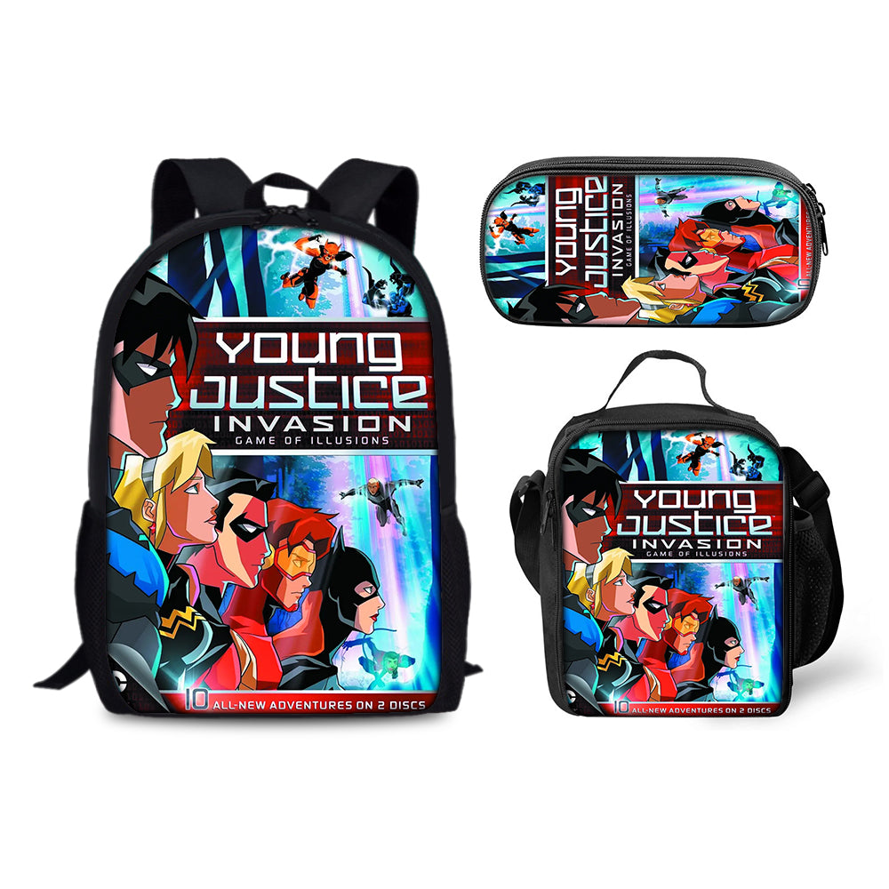 Young Justice Invasion Schoolbag Backpack Lunch Bag Pencil Case 3pcs Set Gift for Kids Students