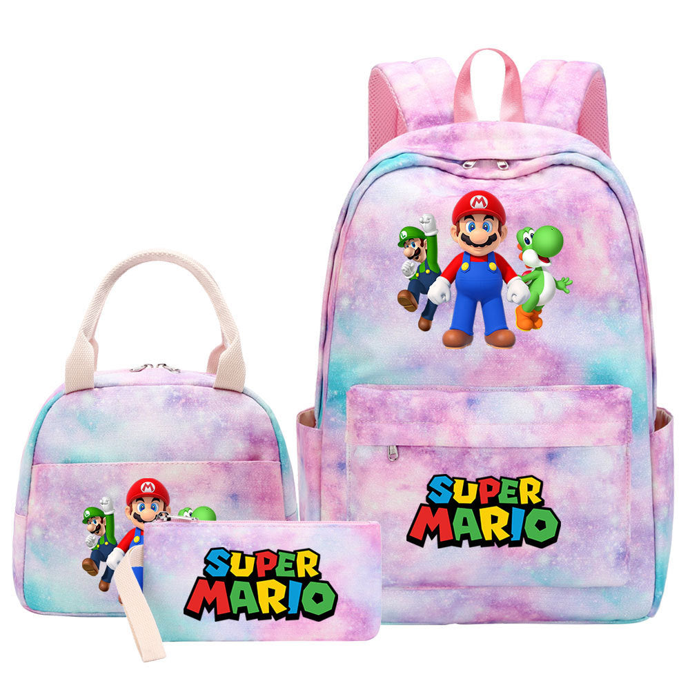 Super Mario Pink Starry Sky SchoolBag Backpack Lunch Box Bag Book Pencil Bags  3pcs Set