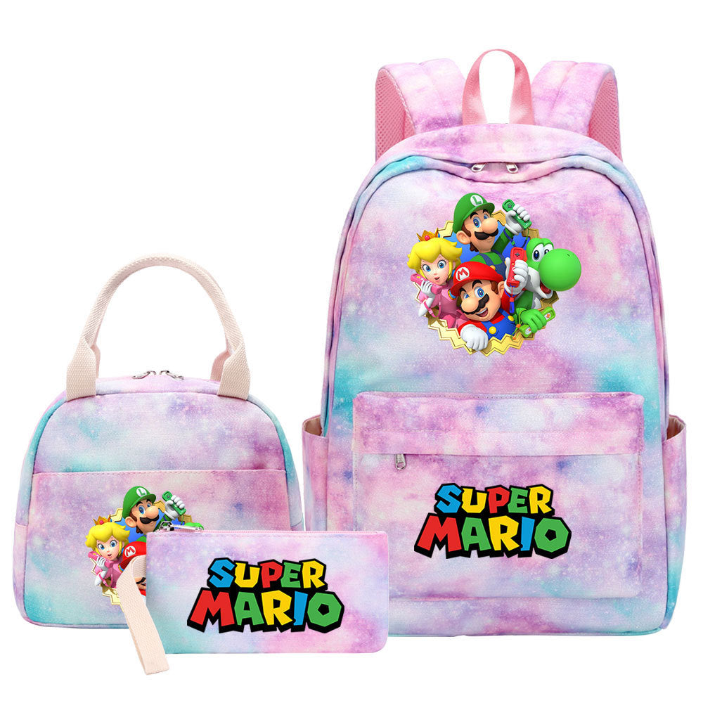 Super Mario Pink Starry Sky SchoolBag Backpack Lunch Box Bag Book Pencil Bags  3pcs Set