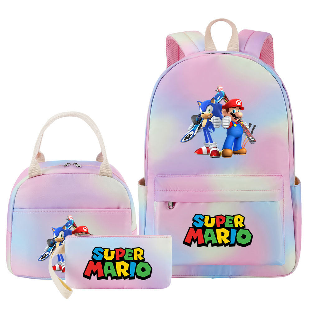 Super Mario Pink Starry Sky SchoolBag Backpack Lunch Box Bag Book Pencil Bags  3pcs Set