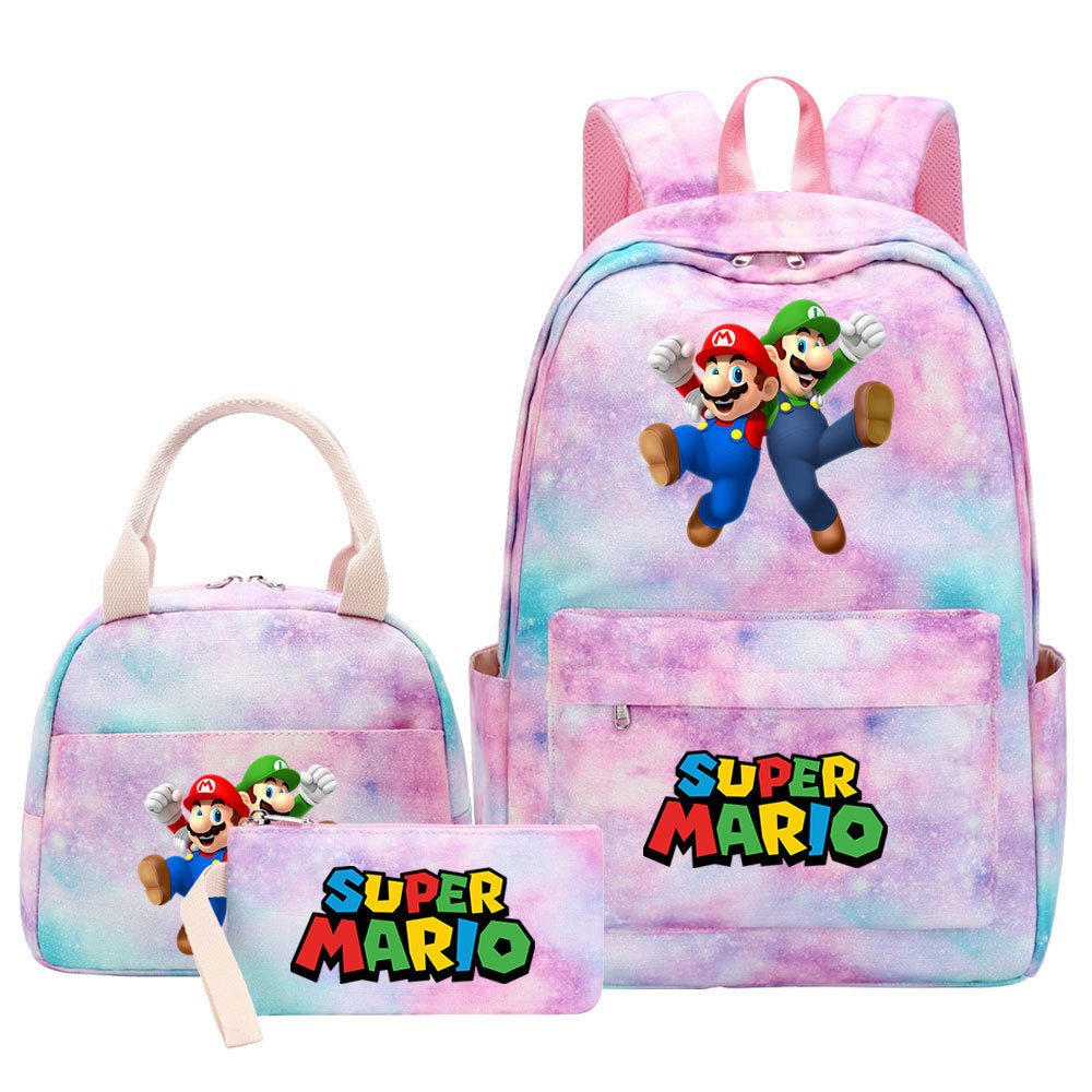 Super Mario Pink Starry Sky SchoolBag Backpack Lunch Box Bag Book Pencil Bags  3pcs Set