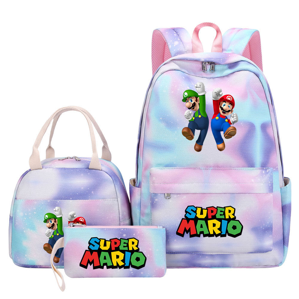 Super Mario Pink Starry Sky SchoolBag Backpack Lunch Box Bag Book Pencil Bags  3pcs Set