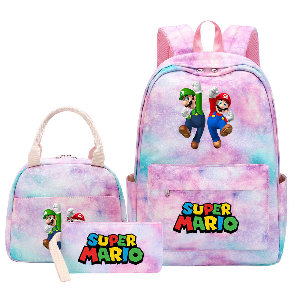 Super Mario Pink Starry Sky SchoolBag Backpack Lunch Box Bag Book Pencil Bags  3pcs Set