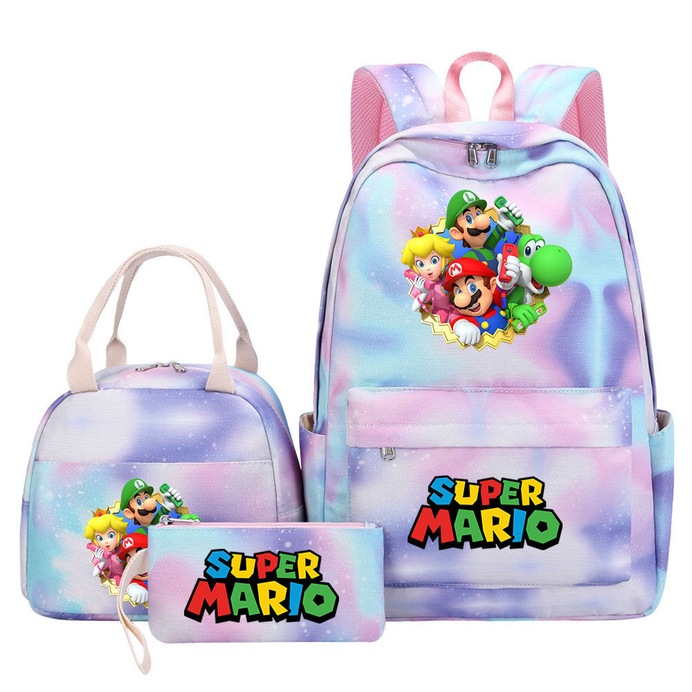 Super Mario Pink Starry Sky SchoolBag Backpack Lunch Box Bag Book Pencil Bags  3pcs Set