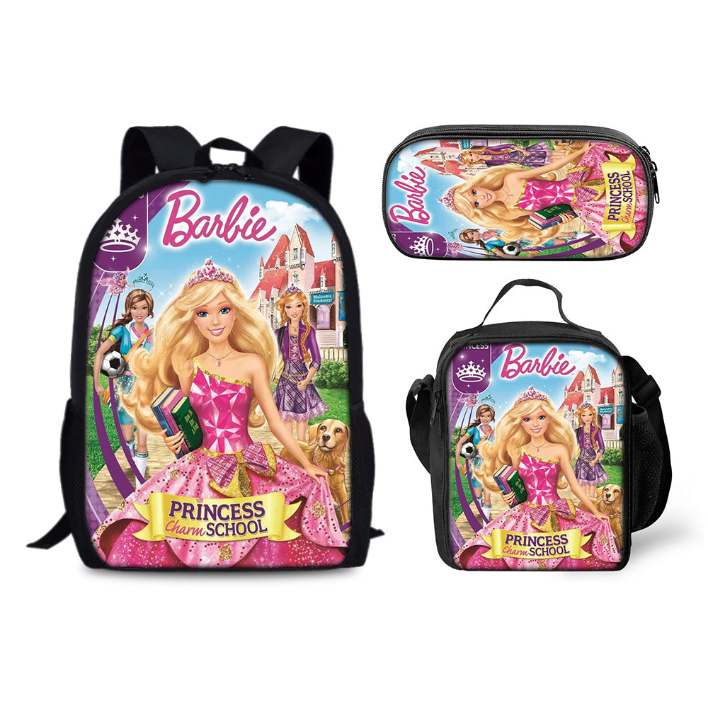 Pink Barbie Schoolbag Backpack Lunch Bag Pencil Case 3pcs Set Gift for Kids Students