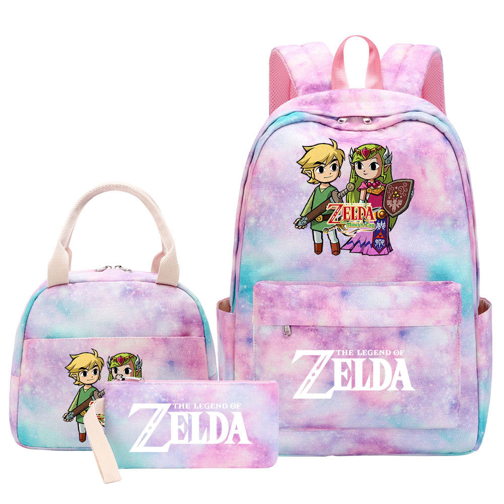 Legends of Zelda Pink Starry Sky SchoolBag Backpack Lunch Box Bag Book Pencil Bags  3pcs Set