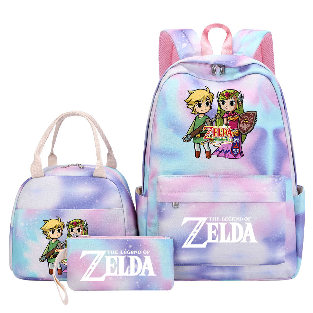 Legends of Zelda Pink Starry Sky SchoolBag Backpack Lunch Box Bag Book Pencil Bags  3pcs Set