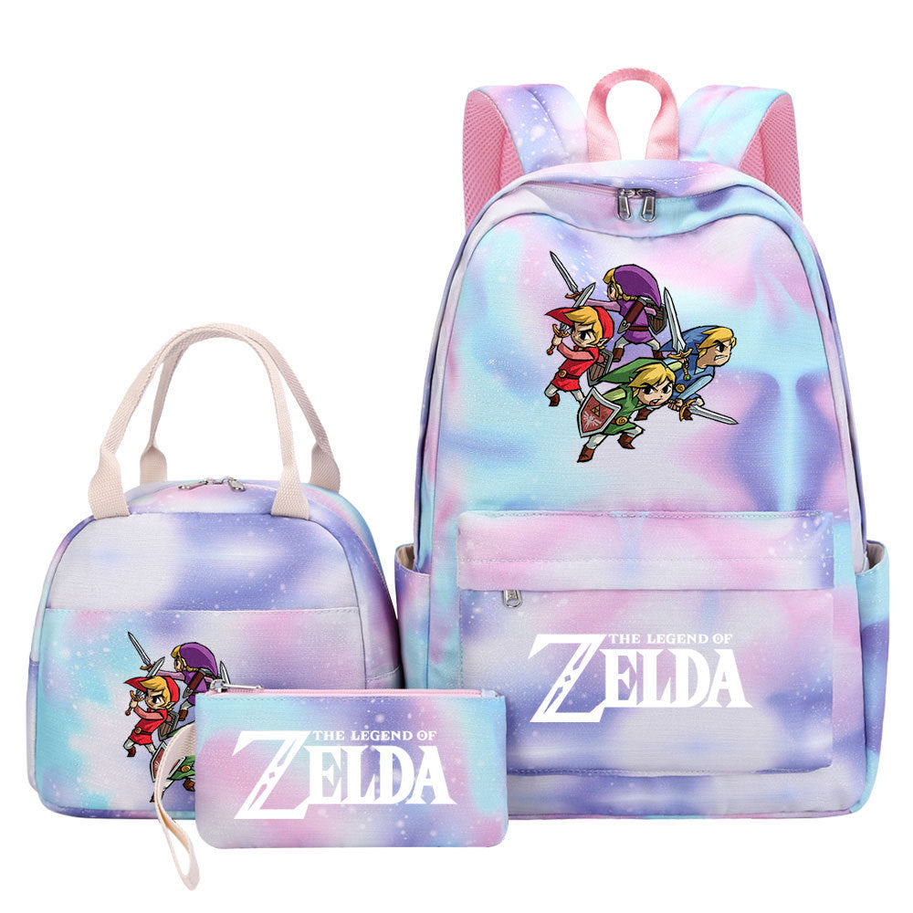 Legends of Zelda Pink Starry Sky SchoolBag Backpack Lunch Box Bag Book Pencil Bags  3pcs Set