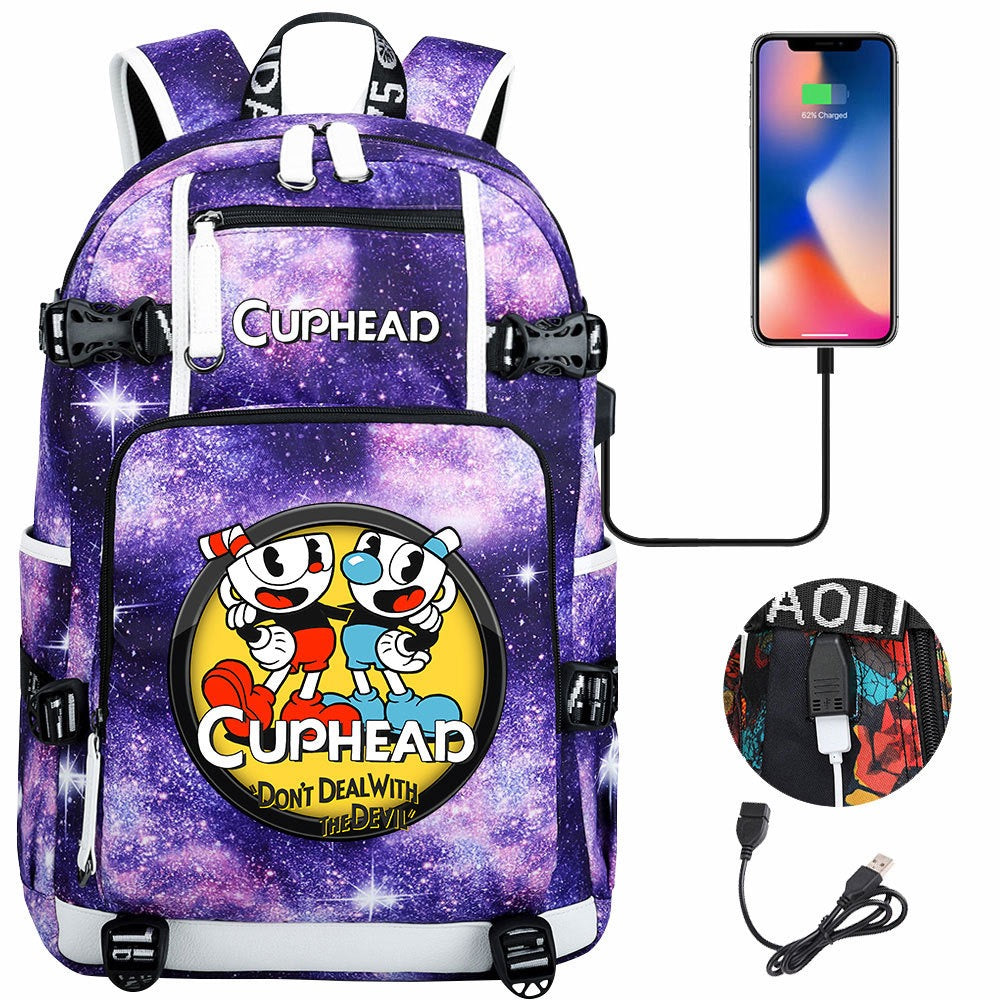 Cuphead USB Charging Backpack School NoteBook Laptop Travel Bags