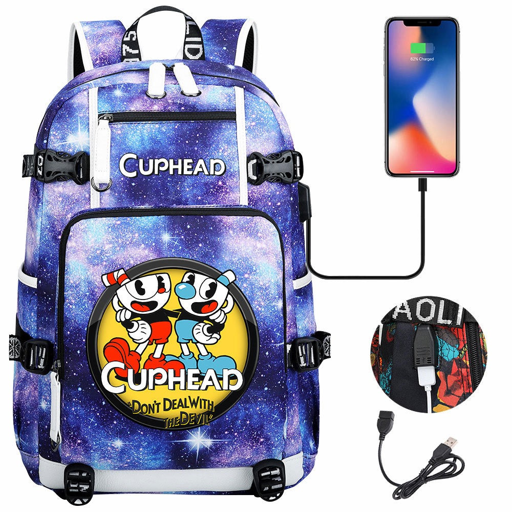 Cuphead USB Charging Backpack School NoteBook Laptop Travel Bags