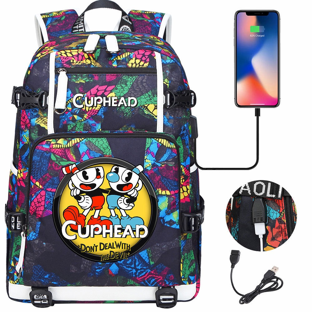 Cuphead USB Charging Backpack School NoteBook Laptop Travel Bags