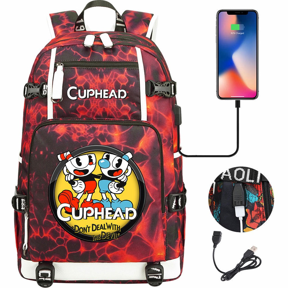 Cuphead USB Charging Backpack School NoteBook Laptop Travel Bags