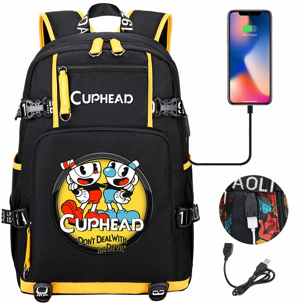 Cuphead USB Charging Backpack School NoteBook Laptop Travel Bags