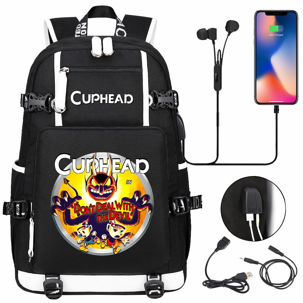 Cuphead USB Charging Backpack School NoteBook Laptop Travel Bags