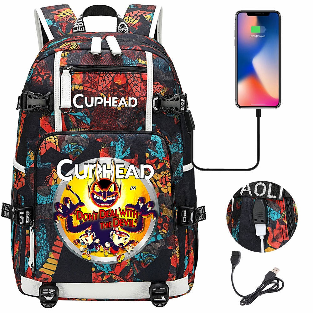 Cuphead USB Charging Backpack School NoteBook Laptop Travel Bags