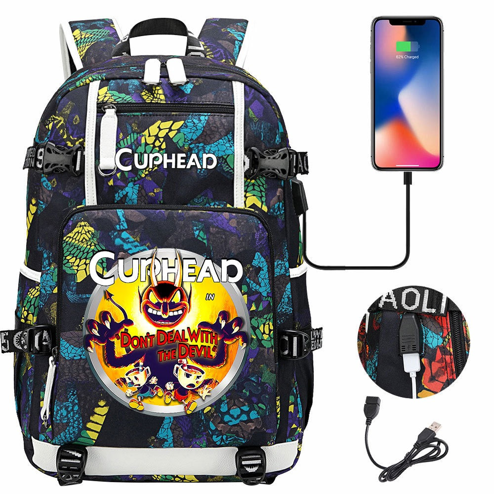 Cuphead USB Charging Backpack School NoteBook Laptop Travel Bags