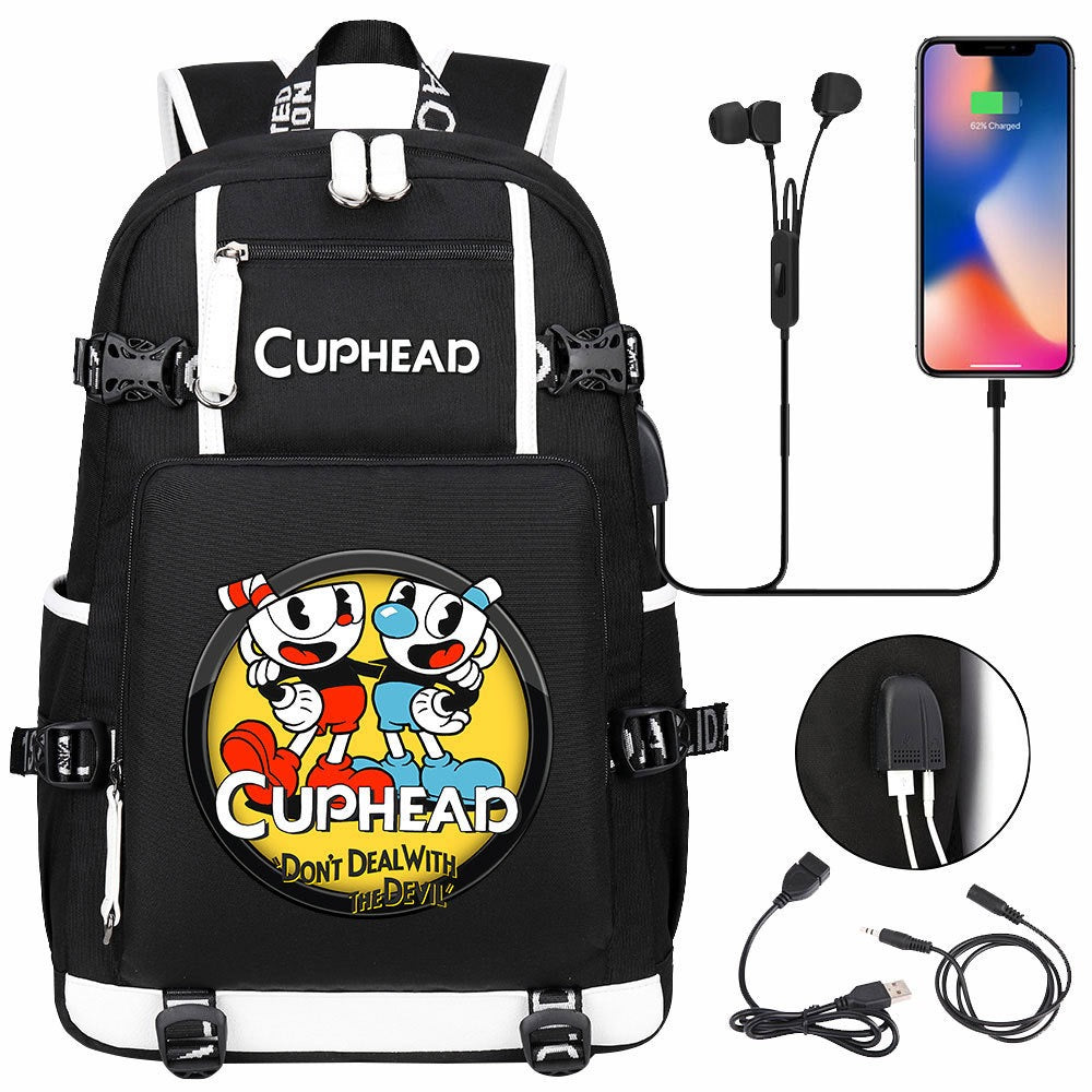 Cuphead USB Charging Backpack School NoteBook Laptop Travel Bags