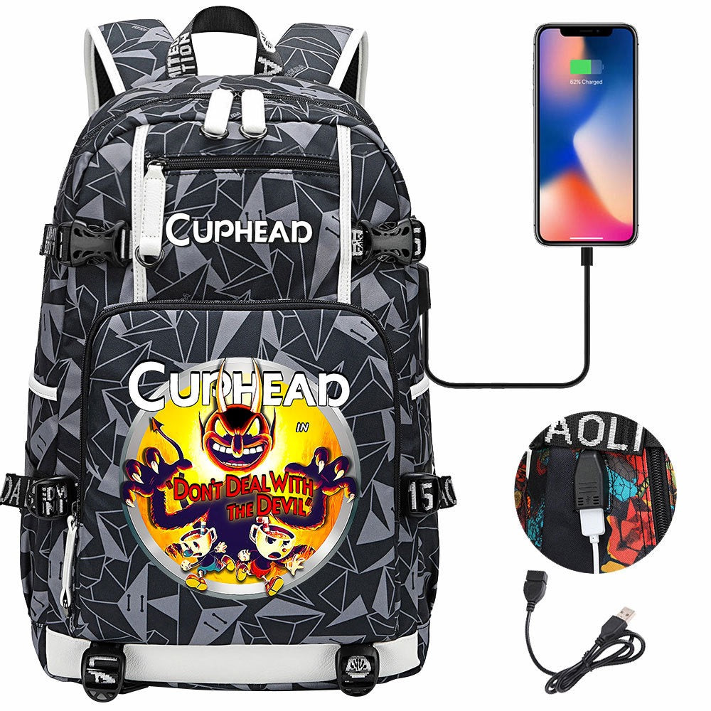 Cuphead USB Charging Backpack School NoteBook Laptop Travel Bags