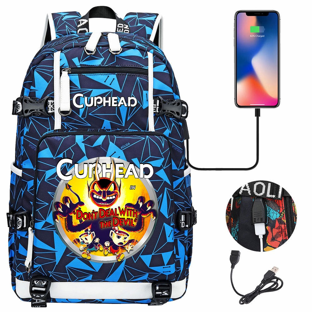 Cuphead USB Charging Backpack School NoteBook Laptop Travel Bags