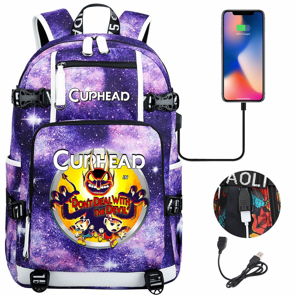 Cuphead USB Charging Backpack School NoteBook Laptop Travel Bags