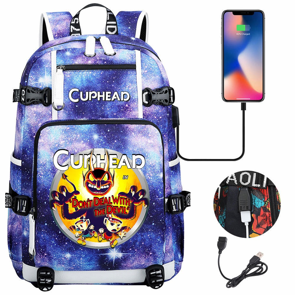 Cuphead USB Charging Backpack School NoteBook Laptop Travel Bags