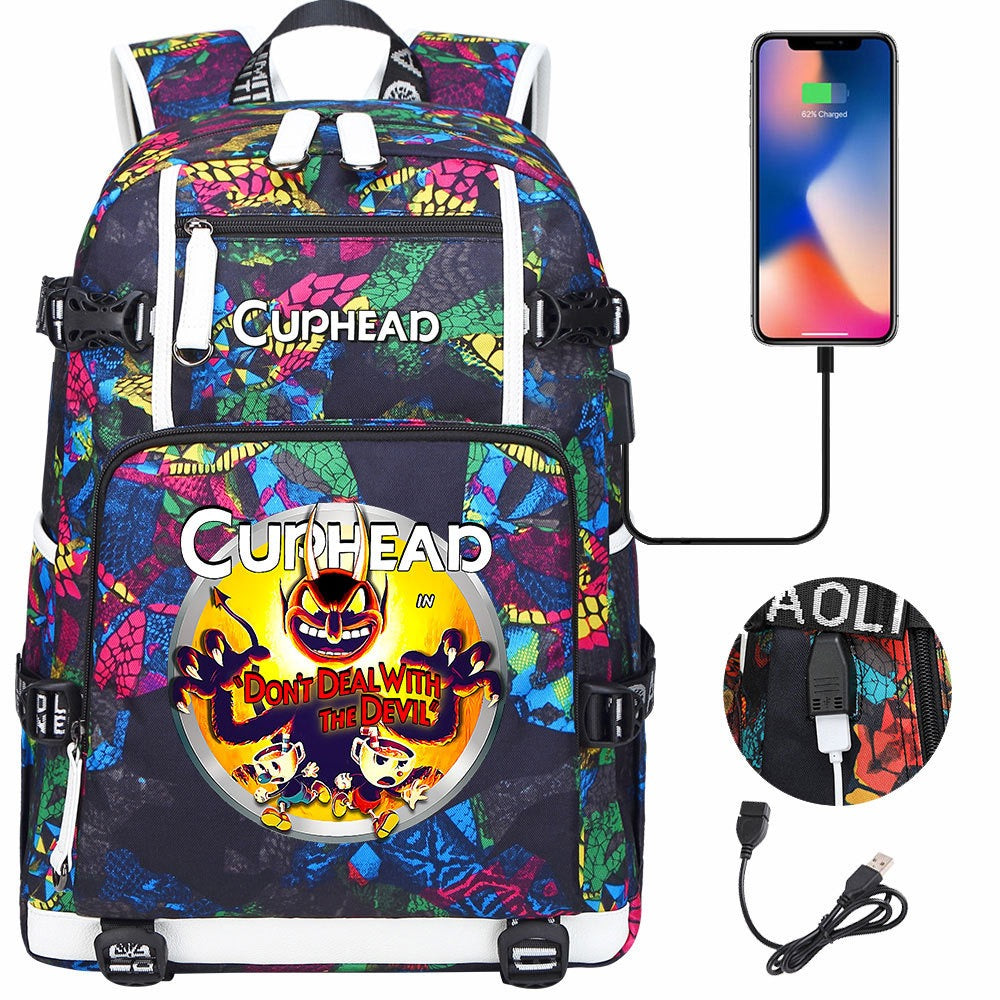 Cuphead USB Charging Backpack School NoteBook Laptop Travel Bags