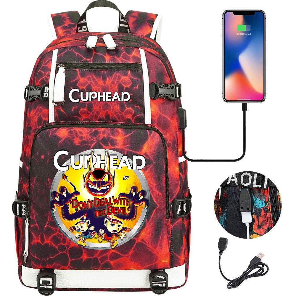 Cuphead USB Charging Backpack School NoteBook Laptop Travel Bags