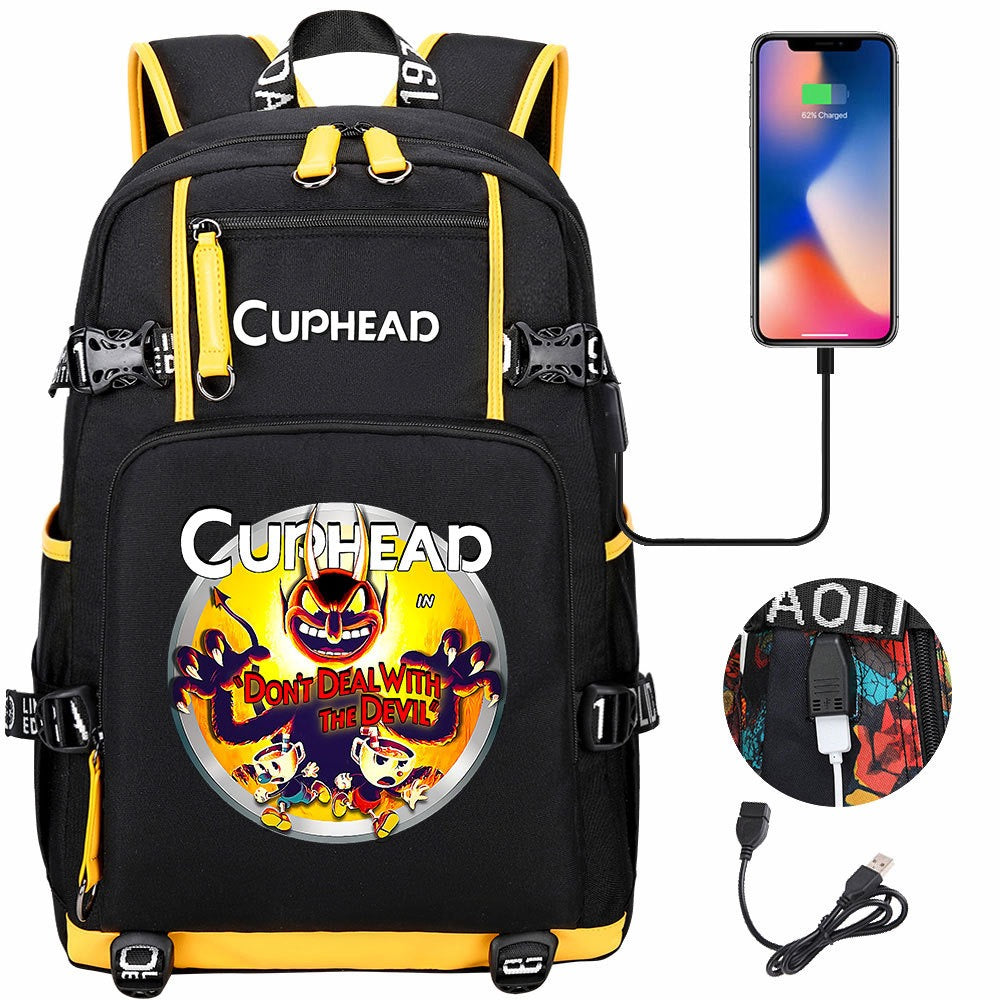 Cuphead USB Charging Backpack School NoteBook Laptop Travel Bags