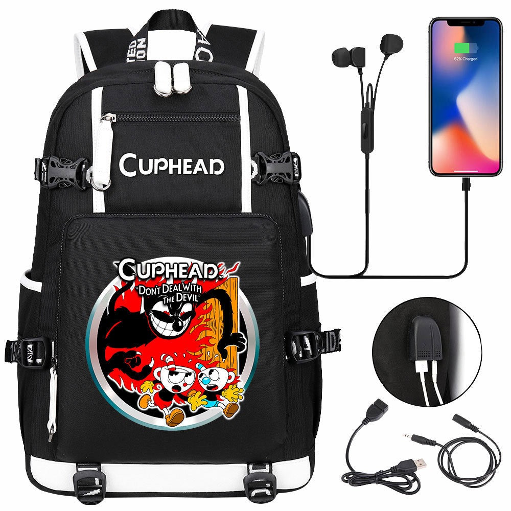 Cuphead USB Charging Backpack School NoteBook Laptop Travel Bags