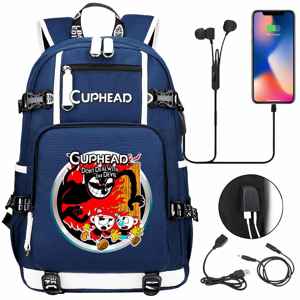 Cuphead USB Charging Backpack School NoteBook Laptop Travel Bags