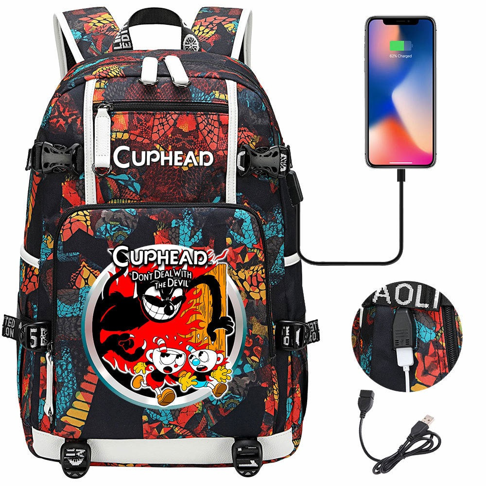 Cuphead USB Charging Backpack School NoteBook Laptop Travel Bags