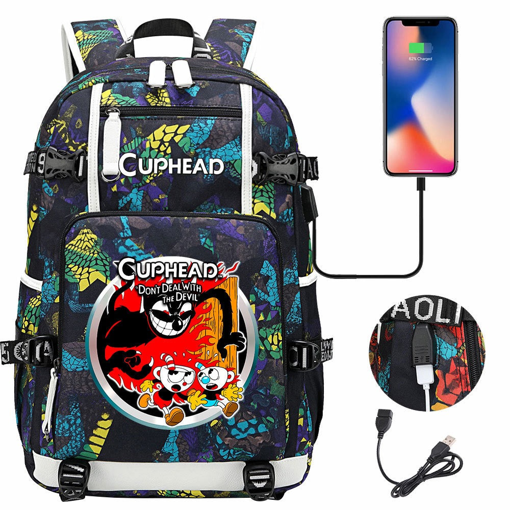 Cuphead USB Charging Backpack School NoteBook Laptop Travel Bags