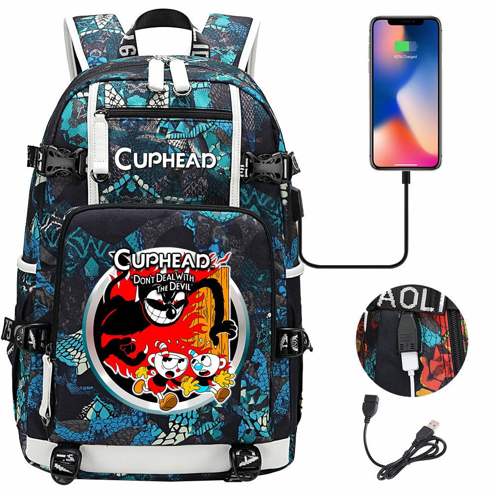 Cuphead USB Charging Backpack School NoteBook Laptop Travel Bags