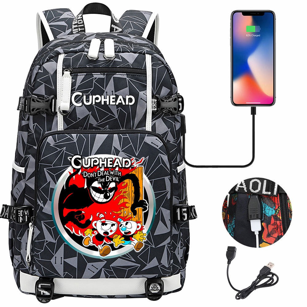 Cuphead USB Charging Backpack School NoteBook Laptop Travel Bags