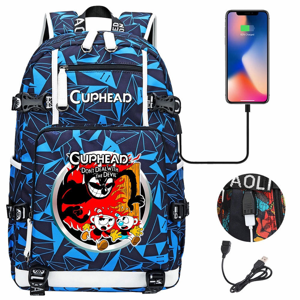 Cuphead USB Charging Backpack School NoteBook Laptop Travel Bags