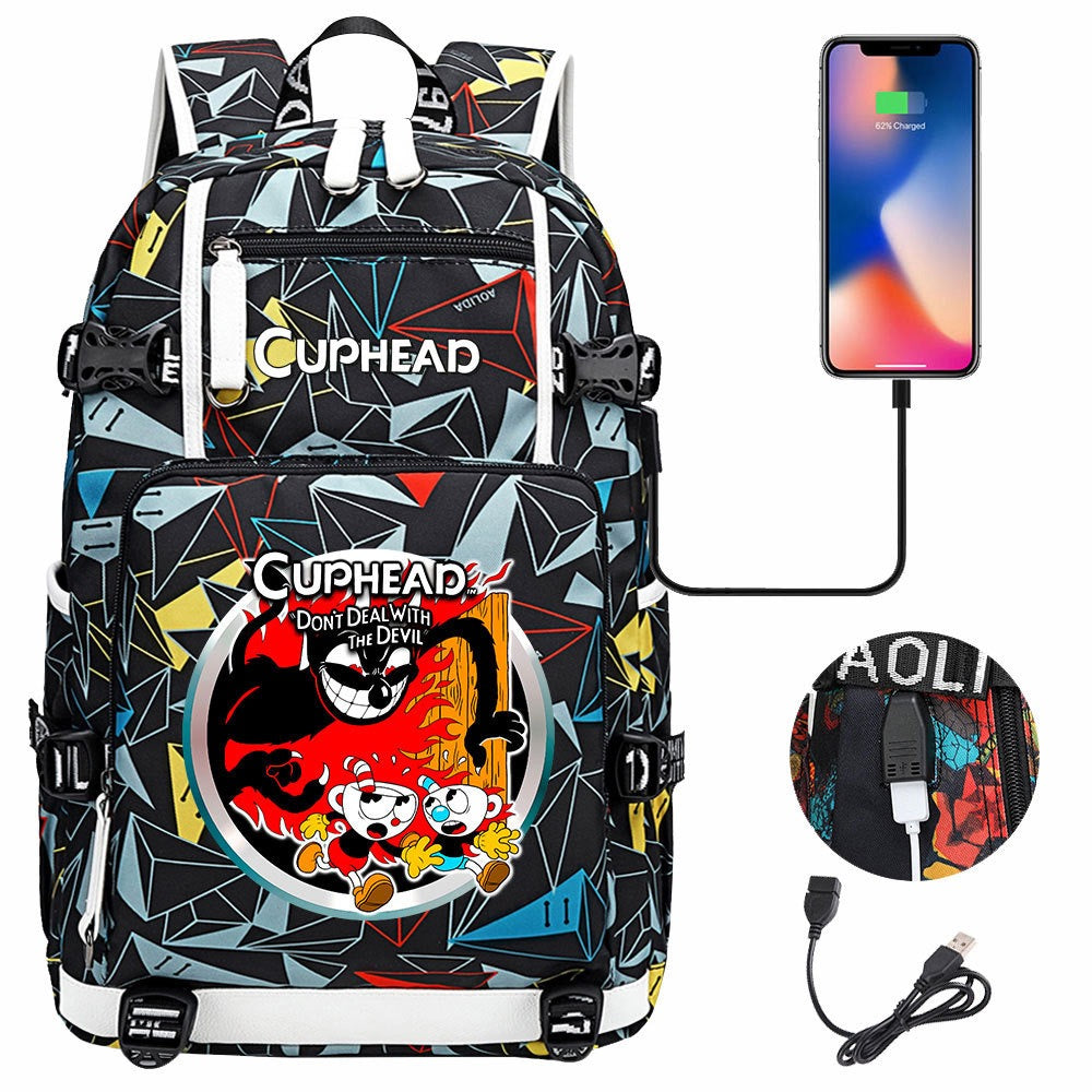 Cuphead USB Charging Backpack School NoteBook Laptop Travel Bags