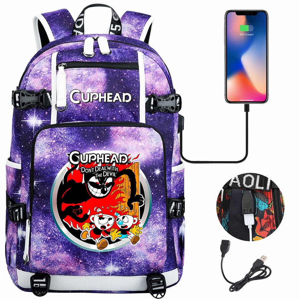 Cuphead USB Charging Backpack School NoteBook Laptop Travel Bags