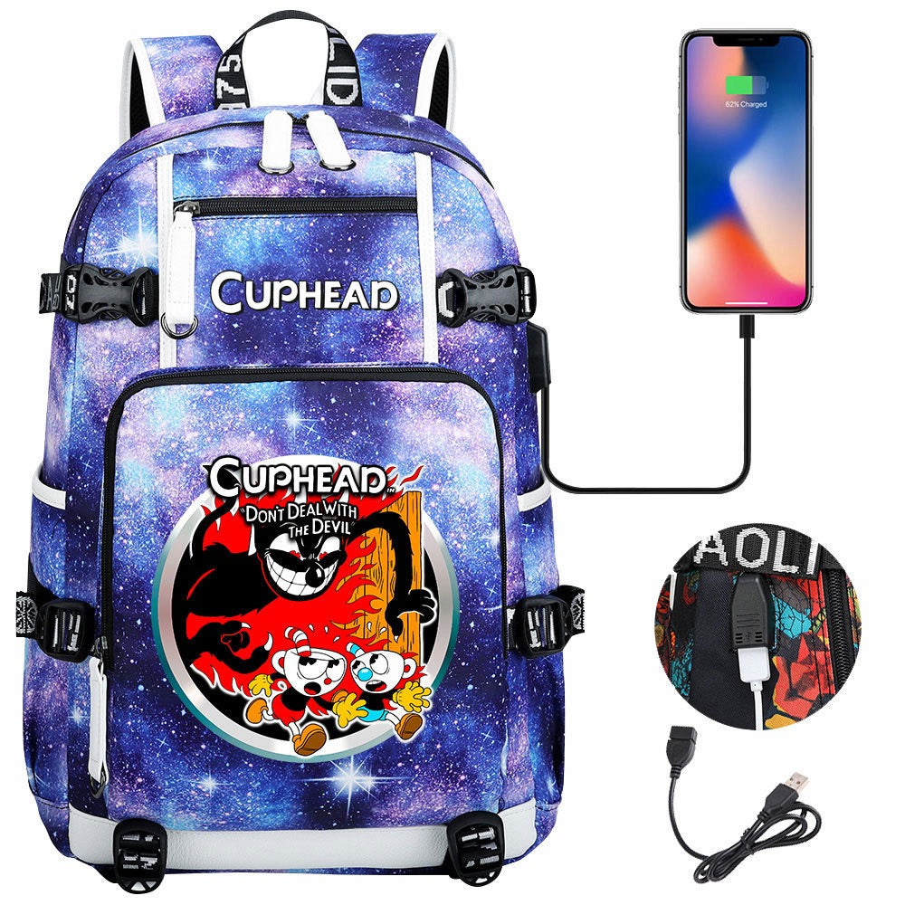 Cuphead USB Charging Backpack School NoteBook Laptop Travel Bags