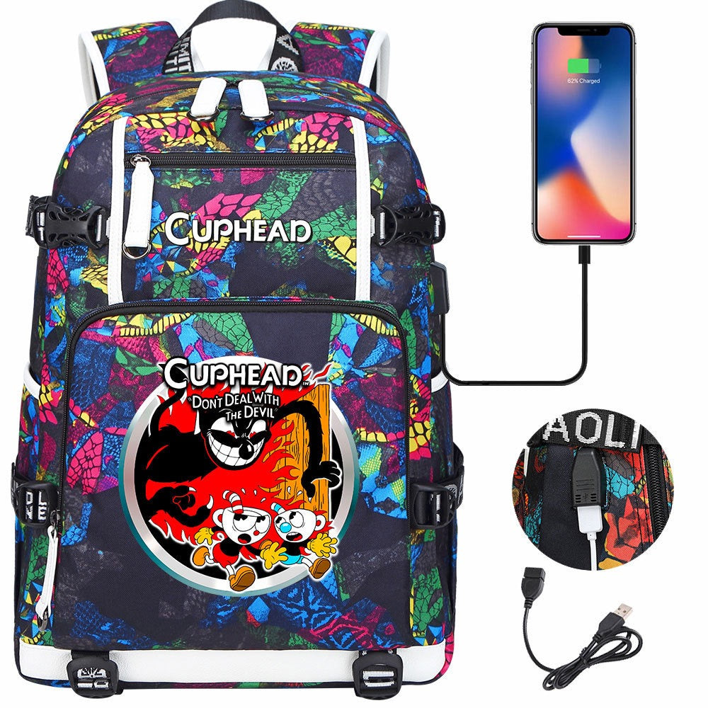 Cuphead USB Charging Backpack School NoteBook Laptop Travel Bags