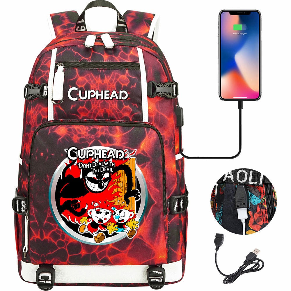 Cuphead USB Charging Backpack School NoteBook Laptop Travel Bags