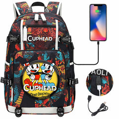 Cuphead USB Charging Backpack School NoteBook Laptop Travel Bags