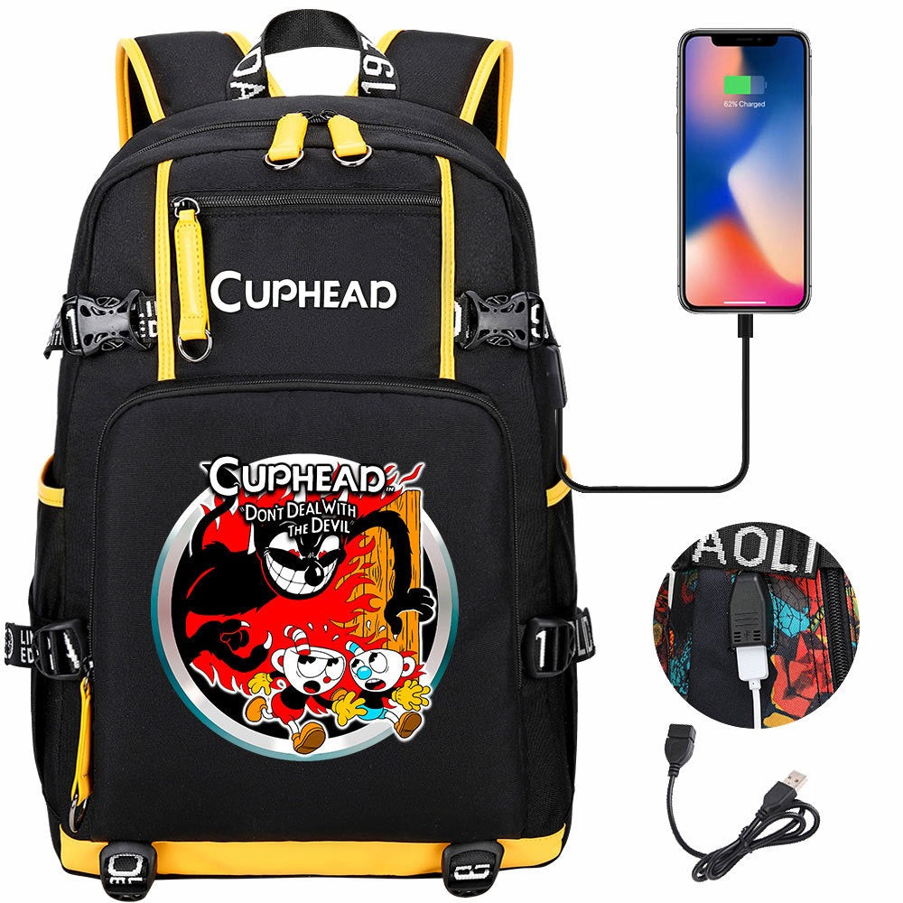 Cuphead USB Charging Backpack School NoteBook Laptop Travel Bags