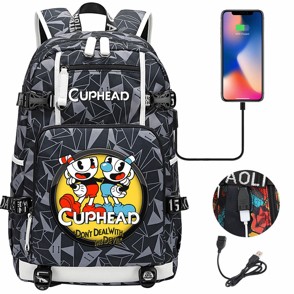 Cuphead USB Charging Backpack School NoteBook Laptop Travel Bags