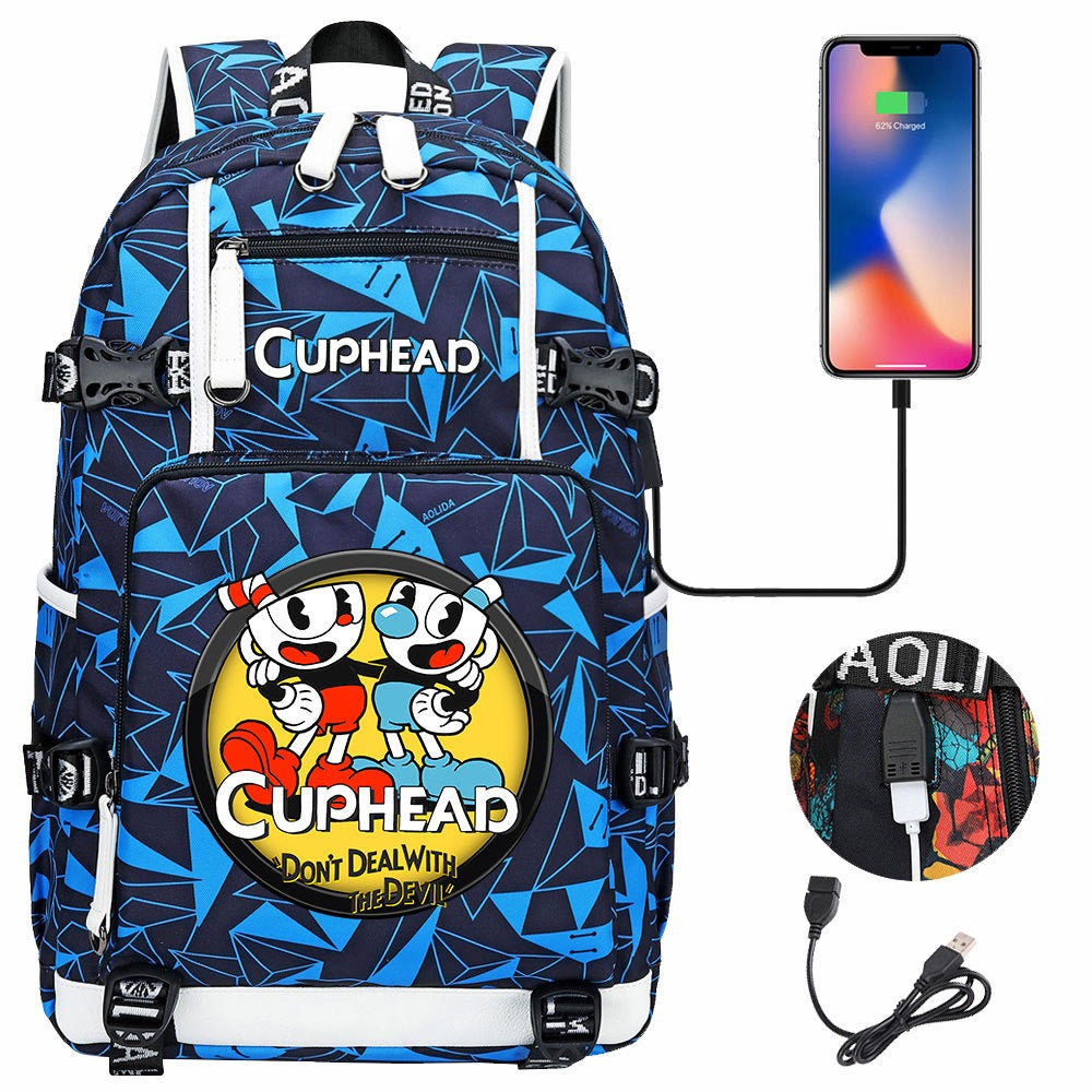 Cuphead USB Charging Backpack School NoteBook Laptop Travel Bags