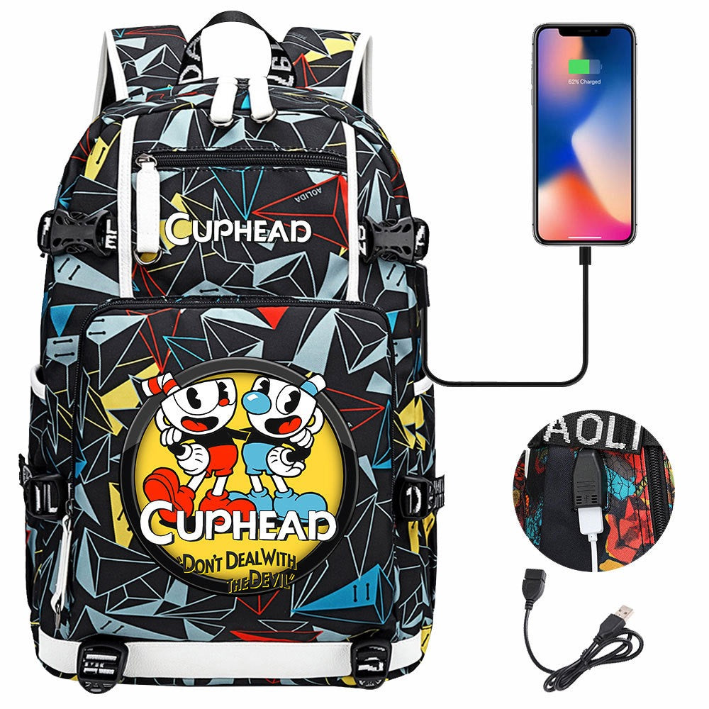 Cuphead USB Charging Backpack School NoteBook Laptop Travel Bags