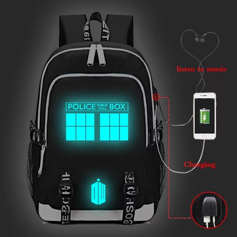 Doctor Who USB Charging Backpack School Note Book Laptop Travel Bags Luminous